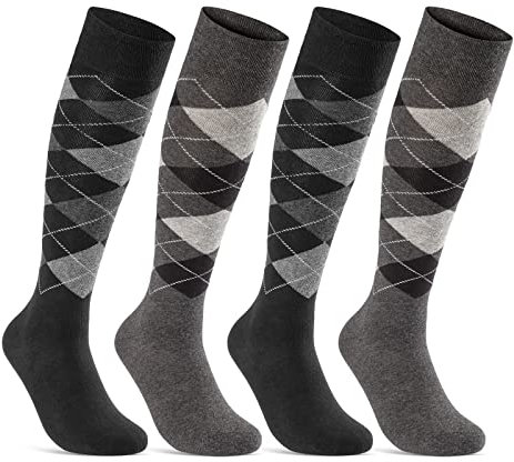 sockenkauf24 4 Paar Herren Kniestrümpfe Karo Muster Baumwolle mit Komfortbund & ohne Naht 22733 WP (Schwarz Grau 43-46)
