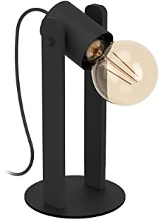 EGLO Tischlampe Plimsoll, Nachttischlampe mit schwenkbarem Spot, Tischleuchte aus Holz und Metall Schwarz, Deko Lampe Wohnzimmer, FSC100PA, E27 Fassung