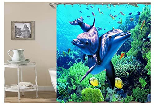 Mesnt Duschvorhang Waschbar Anti Schimmel, Delfin Unterwasserwelt Polyester Stoff Bad Vorhäng für Badezimmer (Blau, 150x180cm)