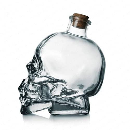 Decanter Teschio, Bottiglia Teschio 3D in Vetro Senza Piombo con Tappo in Sughero, Barattolo Teschio per Vodka, Whisky, Liquore Alcool Tequila (400ml)