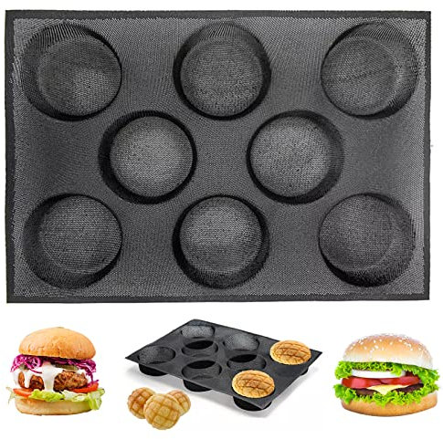 masteymoh Silicone Hamburger Bun Mold, Hamburger Bun Pan 8 Cavity, Perforated Hamburger Bread Mold, Nonstick Burger Bun Pan with Pinholes, Mesh Baking Tray for Gluten-Free Hamburger Buns, Black