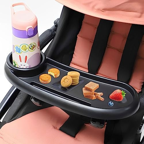 PandaHug Stroller Snack Tray with Cup Holder Universal Child Snack Tray Removable Multifunction Stroller Organizer with Adjustable Buckle and Hooks Reusable Stroller Snacks Holder for Strollers