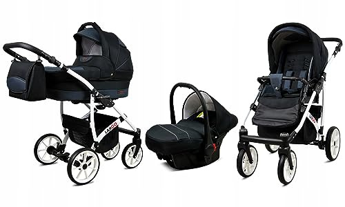BabyLux® Kinderwagen Set 3 in 1 - Largo - incl. Babywanne, Buggy Sportsitz, Auto-Babyschale - Autositz - Kinderwagenset - Kombikinderwagen mit Wickeltasche, Regenschutz usw.