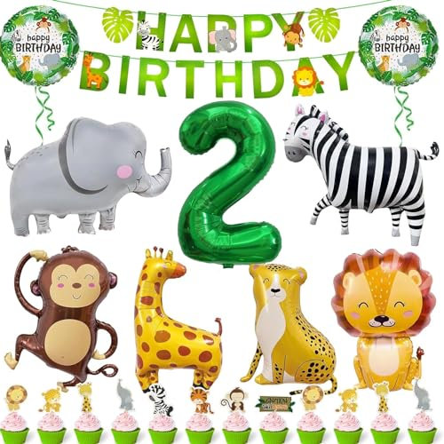 Dschungel Geburtstagsdeko 2. Geburtstag, Safari Tiere Folienballon, Wild Two Deko, Kindergeburtstag für Mädchen Junge