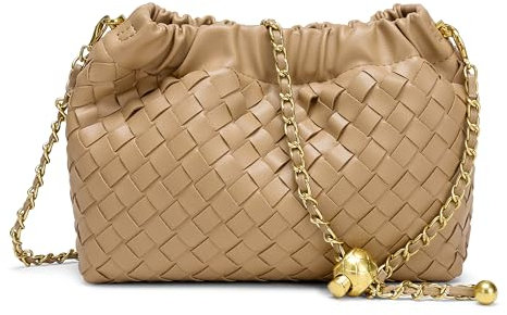 Joryin Kleine Umhängetasche für Damen, trendy, Knödeltasche, Clutch, Geldbörse für Damen, Abendtasche, Wolkengeldbörse, veganes Leder, Hobo-Tasche, Gewebtes Leder, Hellbraun