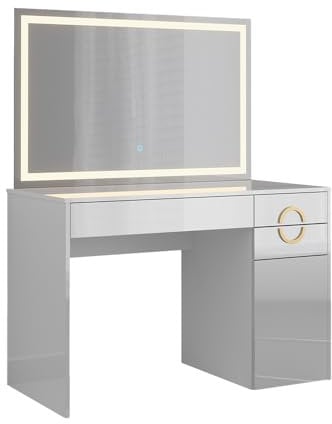 Vicco Schminktisch Adela, Kosmetiktisch mit Spiegel, Weiß Hochglanz, 115 cm mit LED-Spiegel