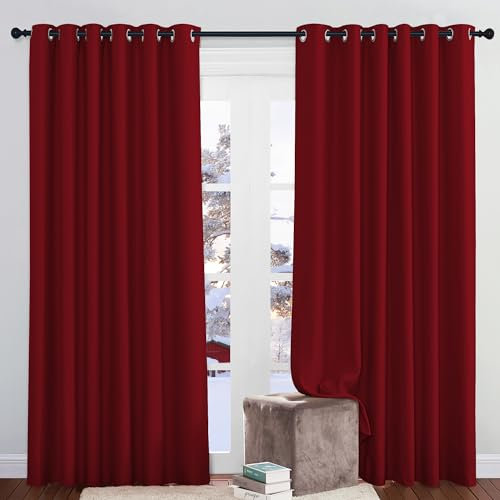 PONY DANCE Rote Blickdichte Gardinen für Große Fenster 2er Set H 210 x B 200 cm Wärmeisolierende Vorhänge Wohnzimmer Modern Verdunklungsgardine Thermovorhang Hitzeschutz
