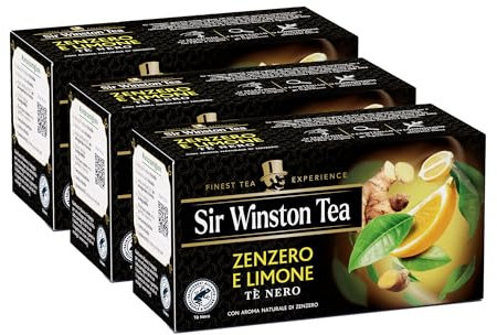 Sir Winston Tea, Tè Nero Zenzero e Limone, 60 Filtri (3 Confezioni da 20 Filtri), Gusto Aromatico e Speziato, Certificato RFA, Senza Lattosio, Glutine e Allergeni, Vegan