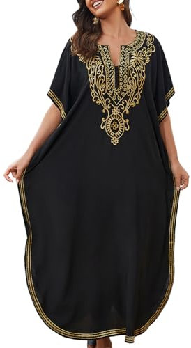 Bsubseach Kaftan Dresses for Women Embroidery Beach Caftans Short Sleeve Swimsuit Cover Up Casual Resort Wear Black