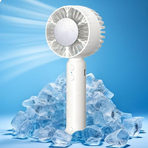 WHOLEV Ventilador de mano, modo de enfriamiento de hielo con 3 velocidades de viento, recargable por USB, antideslizante y linterna, ventilador de mano que se mantiene fresco en cualquier lugar