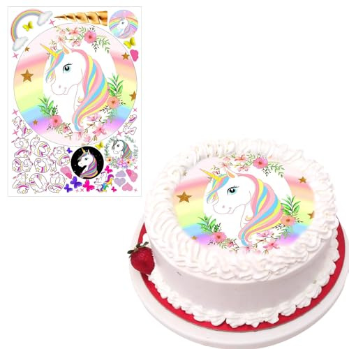 Einhorn Tortenbild, Einhorn Tortendeko, Tortenaufleger Einhorn, Tortendeko Einhorn Essbar, tortenaufleger mädchen, Rund Einhorn Torte Deko Esspapier - 20CM, DIY Cake Decoration