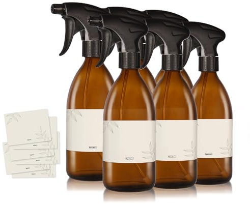 Oputec 6 x 500ml Sprühflaschen aus Glas zum Befüllen mit ergonomischem Sprühkopf + Etiketten - Leere Wassersprühflasche für Pflanzen, Blumen, Reinigungsmittel, Haarpflege und mehr