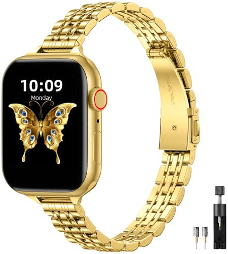 Maledan Metall Armband Kompatibel mit Apple Watch Armband 41mm 40mm 38mm Damen Herren, Verstellbare Edelstahl Ersatzarmband für iWatch Series 9 8 7 6 5 4 3 2 1 SE 2/1 Ultra 2/1, Golden