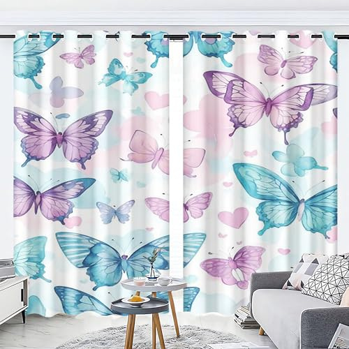 WEQEER 3D Schmetterling Verdunkelungsvorhänge Anime Schmetterlings mädchen vorhänge Mit Ösen Bunt Schmetterling Vorhänge Für Kinderzimmer, 2 Paneele (10,183x160cm(2x91x160cm))