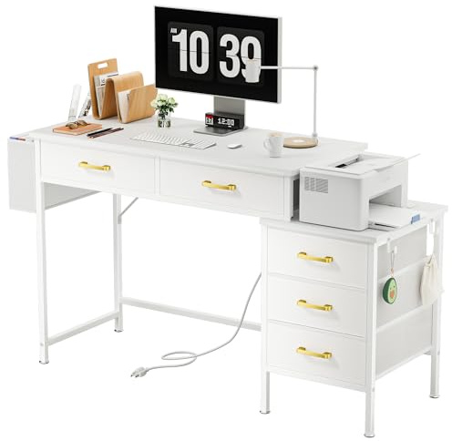 CHOWGOLI Escritorio con 5 cajones, escritorio para ordenador con enchufes y puerto de carga USB, cajones con espacio de almacenamiento y soporte para impresora, mesa de ordenador para oficina, salón