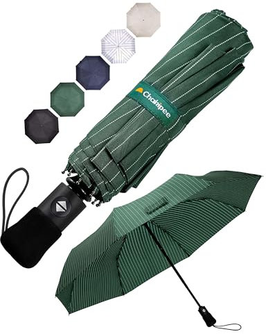 Chakipee Kompakter Reise Regenschirm Groß Sturmfest – Automatik Taschenschirm für Herren und Damen, Tragbarer 210T-Stoff 97 cm Spannweite 11 Rippen Streifenmuster Schirm