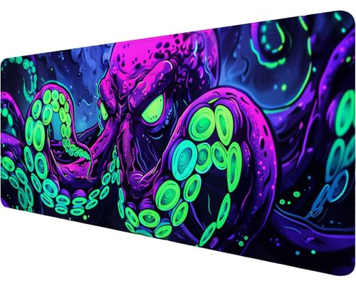 Octopus Schreibtischunterlage, Gaming-Mauspad, Neonfarben, Cthulhu-Monster, cooles XL-Mauspad, großes Mauspad, erweitertes Laptop-Tastatur-Matte, Gaming-Schreibtischunterlage, Mauspad, Büro, Computer,