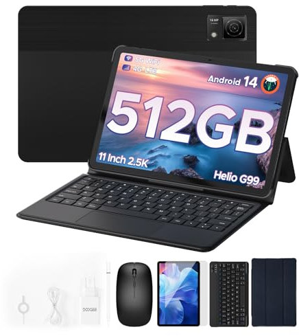 DOOGEE T40 Tablet With Keyboard, Android 14 Tablet Helio G99, Android Tablet 11 Inch 2.4K 20GB RAM + 512GB ROM (2TB TF), 8580mAh Battery, 16MP + 8MP Tablets, Mouse, Protective Case and Stylus, Black