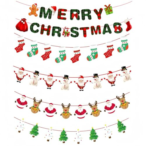 6 Pcs Christmas Banners Hanging Bunting Garland Xmas Decorations for Party | Quality Paper Cardstock, Two-Hole Quick-Thread Assembly, This Christmas Bunting Brings Warm Holiday Joy Indoors Or Out