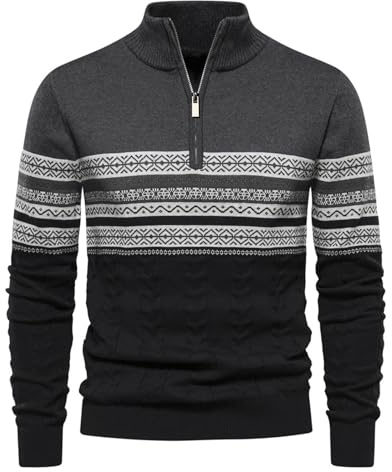 Genfien Jersey para Hombre Cuello Alto con Cremallera 100% algodón | A Rayas,Suéter de Punto,Cálido,Navidad