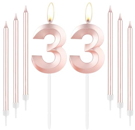 mciskin Rose Gold 33 Birthday Candles-Number 33 Candle for Cake with Long Thin Candles Set, Rose Gold Cake Topper for Women 33th Birthday Decorations Supplies,33th Wedding Anniversary Decorations