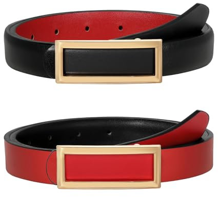 SUOSDEY Modischer Ledergürtel für Damen, Wendbarer Schmaler Gürtel für Jeans Hosen Kleid mit Quadratischer Goldener Schnalle schwarz/rot
