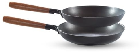 Sartenes de hierro (Pack 2) - Hechas de hierro y bajo carbono antiadherentes - Sartenes para chefs profesionales - Apta para todo tipo de cocinas - 24 y 26 cm - Mango madera de cedro