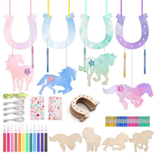 HTTYHT Holz Hufeisen Bastelset 130 Stück Pferde Deko DIY Windspiel Hufeisen Holz zum Bemalen Kreatives Bastelhandwerk für Geburtstag Babyparty Hochzeit Mädchen Kindergarten und Partydekoration