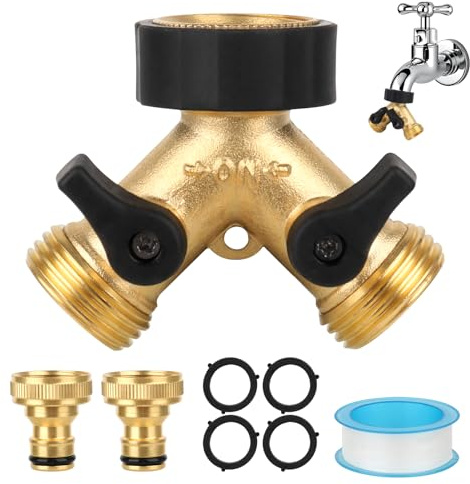 LYPPUL 2 Way Garden Hose Splitter, Double Way 3/4 Hose Connector, Y Valve 2-Way Tap Connector with Individual On/Off and Two Quick Connector, Brass Hose Connector