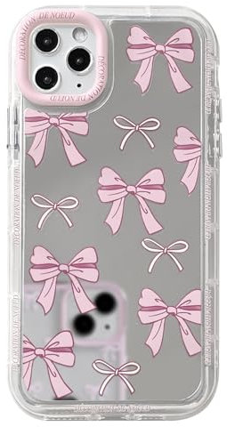 NITITOP Kompatibel mit iPhone 11 Pro Max Hülle Süßes Niedliche Schleife Spiegel Glitzernd Bling für Frauen Mädchen Cute Bow Ribbon Bunter Farbe Rändern Stoßfeste Handyhülle - Rosa