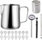 Milk Jug 600ml/21oz, Milk Frother Frothing Jug Stainless Steel with Thermometer Powder Shaker Coffee Art Pen,16pcs Coffee Stencils for Making Latte Cappuccino