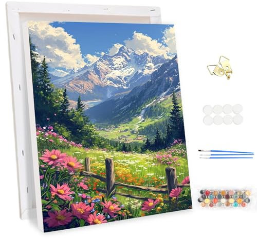 MEIYUDA Peinture par numéros pour adultes avec cadre Vallée de fleurs, kit de peinture à l'huile numérique sur toile avec pinceaux et pigment acrylique, kit de bricolage, art pour décoration de la