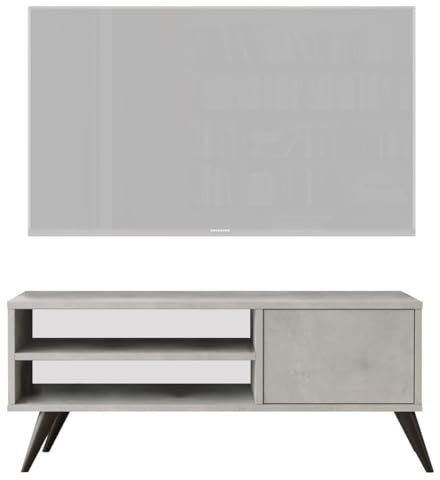 HowHomely TV Schrank | TV Board 110 cm Lang | Beton-Optik Lowboard für Fernseher | Fernsehschrank mit Türen und 2 Offenen Fächern | TV Kommode 44x110x40 cm für Wohnzimmer oder Schlafzimmer