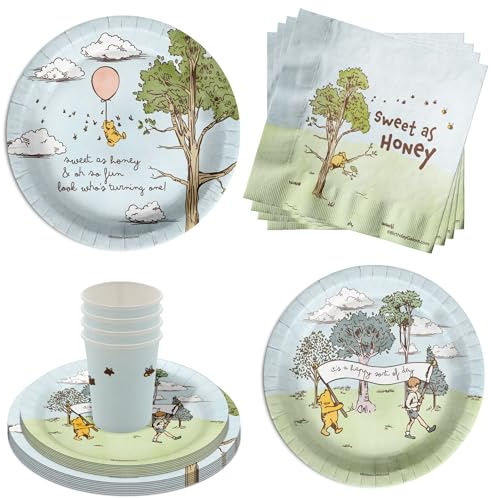 Winnie the Pooh Bear 1st Birthday Party Supplies - 64 Piece First Birthday Tableware Set Includes Large 9 Dinner Plates and 8 Dessert Paper Plates Napkins Cups - Kit for 16