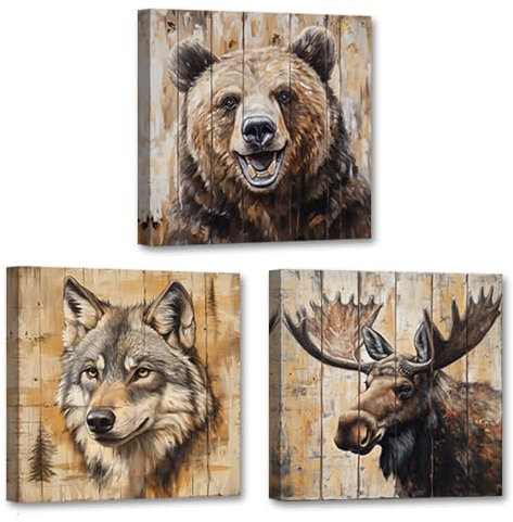 CXHOSTENT Wandkunst mit Waldtieren Wildtier-Leinwand Jagd-Dekor, 3-teilig Bär Wolf Elch Bilder Wildtier-Poster Wohnzimmer-Hütten-Dekor gerahmt (30x30cmx3)