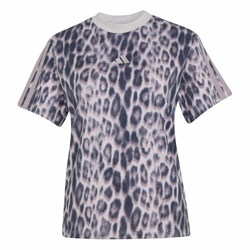 adidas Women's Seasonal Essentials Leopard Print T-Shirt with 3-Stripes, Multicolor/Ice Purple, L