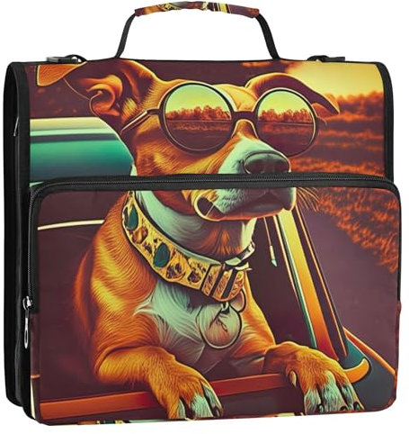 Sunset Cool Pup Dog 3 Ring Binders D Ring Zip up Binder Organizer Middle School Binder Bag with Strap Fun Multi Pockets Large Portfolio-Ordner