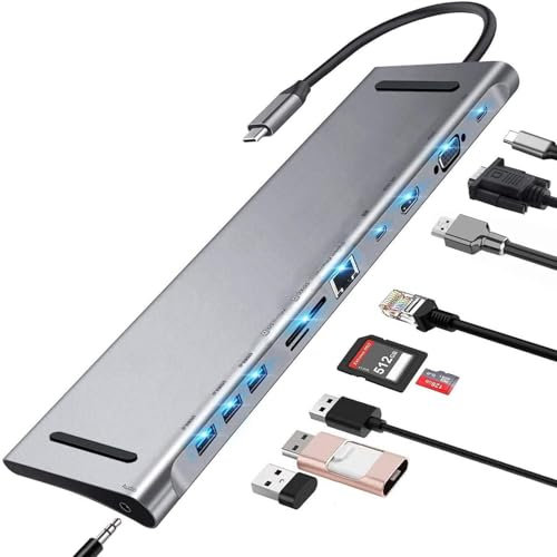 11-in-1 USB-C Hub Adapter, HDMI 4K, USB 3.0, Ethernet, VGA, SD/TF Kartenleser, Kompatibel mit MacBook, Laptop, Samsung TV