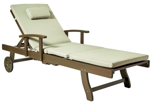 Beliani Acacia Wood Garden Sun Lounger Reclining with Wheels Classic Design with Green Cushion Amantea Premium II