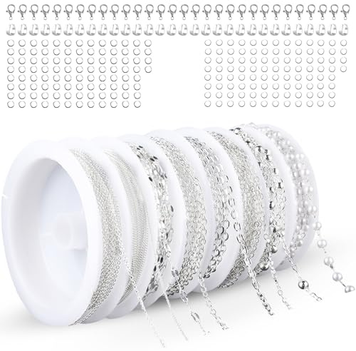 Gliederkette 17m 8 Rollen Schmuckkette Silber für DIY Halsketten mit Sprungringen Karabinerverschluss Schmuckketten zum Basteln als Meterware