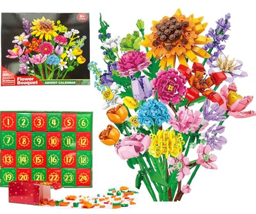 Blumen Adventskalender 2025, 24 Tage Weihnachten Blumenstrauß Bauspielzeug, Weihnachtskalender mit Blumenstrauß Künstliche Wildblumen Steine Geschenkset für Kinder Erwachsene Frauen (Sonnenblume)