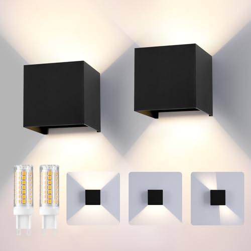 YCZM LED Wandleuchte Aussen/Innen, 2 Stücke Wandlampe Aussen mit Austauschbarer G9 Wasserdicht IP65 Außenleuchte,4000K Aluminium Außenlampe Einstellbar Abstrahlwinkel,Up Down Wandbeleuchtung Schwarz