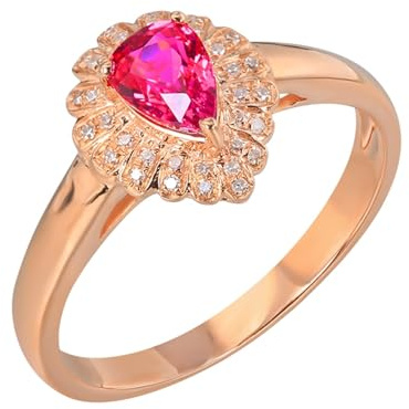 Zarter Ring Damen Ringe mit Stein 18 Karat Roségold Im Labor Hergestellter Rubin 3-Krallen-Birne mit 0,69 Karat Rubin und Diamant Größe 53 (16.9) Aktualisierung 3.0 für Unisex Weihnachten Schmuck