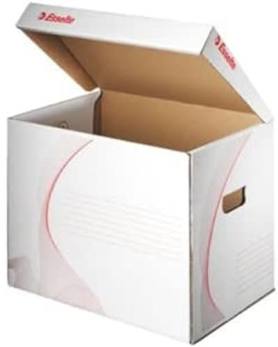 Esselte Standard Archiv- und Transport-Container, Mit Klappdeckel, Ablagebox für Esselte Archiv-Schachteln 3 x 80 mm/3 x A4 Ordner, Lagerbox mit geometrischem Design, 10 Stück, Weiß/Rot, 128911