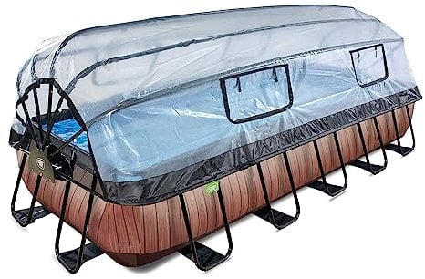 EXIT TOYS Wood Pool mit Multifunktionale Abdeckung - 540x250x100cm - Großer, Rechteckiger Rahmenpool mit Sandfilterpumpe und Poolleiter - Extra Tief - Für Sauberes und Warmes Poolwasser - Braun