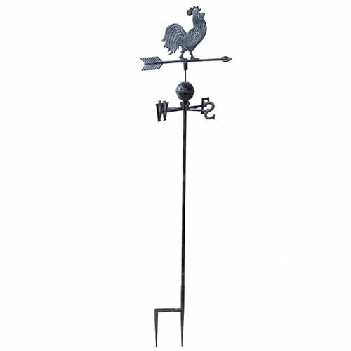 L'Héritier Du Temps Girouette avec 4 Points Cardinaux Motif Coq 2 Pics en Fonte Patinée Grise 45x45x185cm