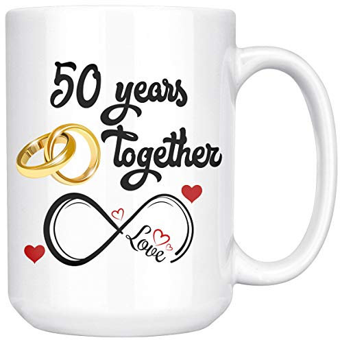 Taza de aniversario de oro para él y ella, taza de 50 aniversario para marido y esposa, casado por 50 años, 50 años junto con ella (15 onzas)