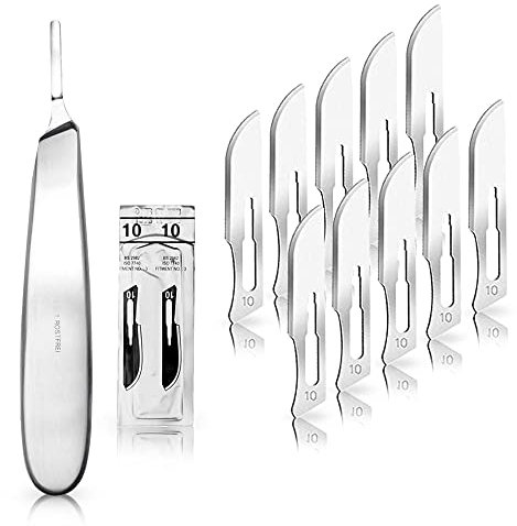 Set - 10 Stück Skalpellklingen Figur 10 aus Karbonstahl - Ersatzklingen einzeln steril verpackt + 1 x May - Skalpell-Halter mit 13,5 cm langem Griff - Edelstahl