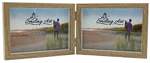 Smiling Art Bilderrahmen für 2 Fotos aus Holz, klappbarer Bilderrahmen, Doppelrahmen (Braun, Querformat, 2x13x18 cm)
