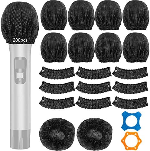 Disposable Microphone Cover,200pcs 3.35 Large Size Karaoke Mic Cover with 2 PCS Mic Ring,Chromlives Non-Woven Elastic Band Handheld Mic Windscreen Cover for KTV,Recording,Stage,Interview
